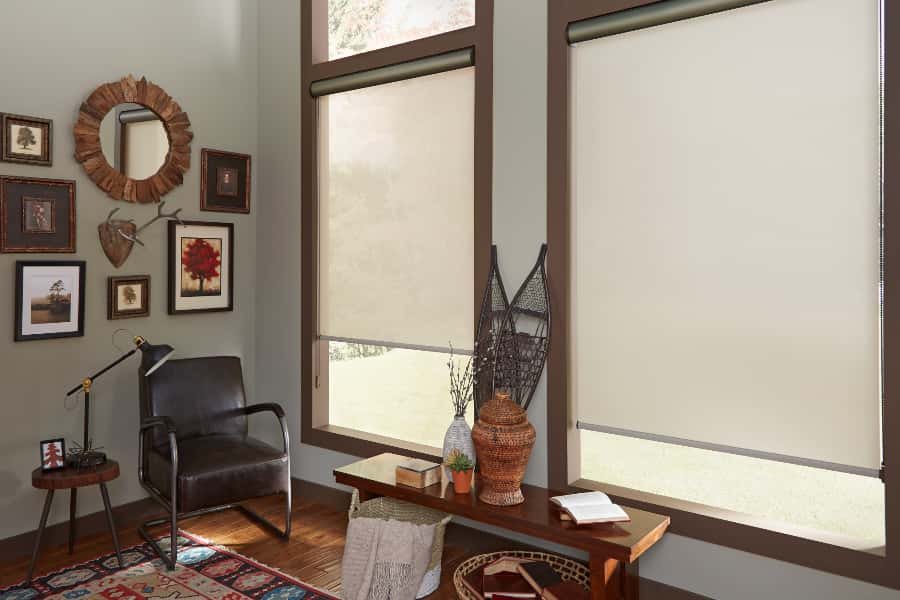 Choose window shades that match your color scheme and lifestyle. White shades in a corner of a living room.